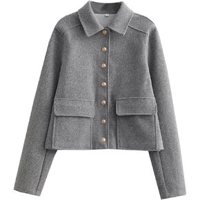 معاطف Wyeysyt الصوفية النسائية ذات طية صدر السترة القصيرة منفوخة بأزرار سفلية وسترة كاجوال مع جيوب 2024 (رمادي-S)، مقاس صغير in Kuwait