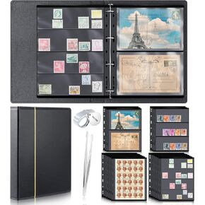 Lewtemi Stamp Collecting Albums Set Stamp Collection Book Include 20 Pages Album Binder Tweezer and Loop Magnifier Collecting Supplies for Collectors(Black)