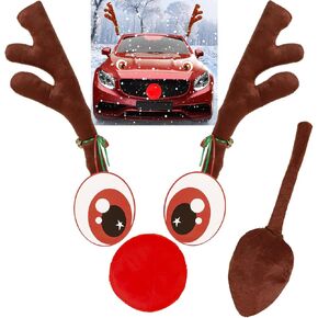 Tugaizi Christmas Car Reindeer Antler Kits with Eyes, Cute Christmas Antler Decor with Jingle Bells Rudolph Reindeer Tail and Red Nose, Set for Car Decors