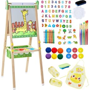 Easel for Kids, Art Easel Kids Easels for Toddlers, Adjustable Magnetic Chalkboard & Whiteboard Wooden Painting Easel with Paper Roll, Foldable Easel for Toddlers Boys Girls Ages 3-12
