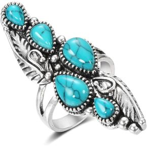 Gixaxak Vintage Bohemia Turquoise Ring Silver Gemstones Ring Vintage Women's 925 Sterling Silver Ring Oval Cut Natural Bohemia Turquoise Jewelry Turquoise Moonstone Ring Jewelry Adjustable Opening