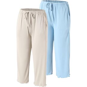 ENJOYNIGHT 2 Pack Women's Capri Pajama Pants Lounge Sleep Bottom with Pockets