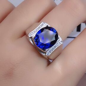 Sea Blue Topaz Square Diamond Princess Ring in Sterling Silver Sapphire Split Ring for Couples Halo Blue Cushion Cut Cubic Zirconia CZ Anniversary 925 Sterling Silver Promise Rings for Her（Men）