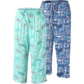 ENJOYNIGHT 2 Pack Women's Capri Pajama Pants Lounge Sleep Bottom with Pockets