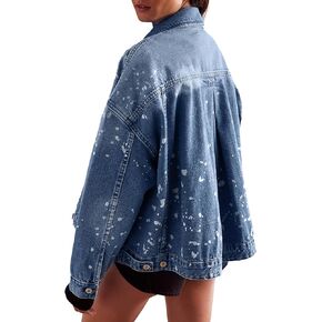 Kedera Women's Blue Jean Jacket Oversized Distressed Button Down Denim Jacket Vintage Long Sleeve Soft Boyfriend Coat