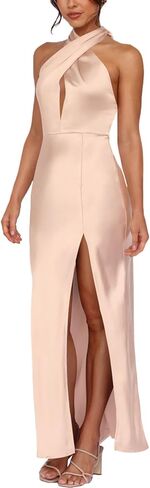 firfig Women's Halter Satin Dress Crisscross Sleeveless Midi Cocktail Party Dress Backless Split Formal Evening Dresses in Kuwait