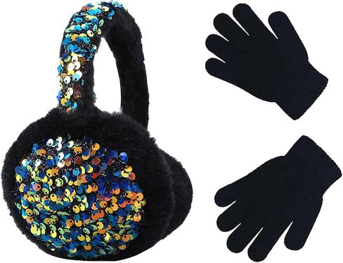 Winter Ear Muffs Gloves Set for Kids with Adjustable Sequins Shiny Fluffy Warm Earmuffs for Kids Outdoor Cold Weather in Kuwait