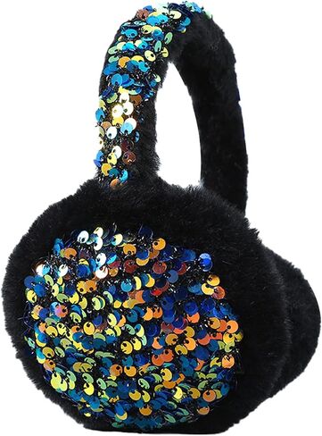 Winter Ear Muffs Gloves Set for Kids with Adjustable Sequins Shiny Fluffy Warm Earmuffs for Kids Outdoor Cold Weather in Kuwait