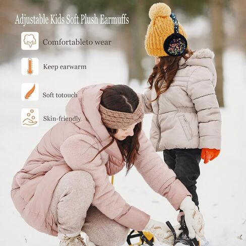 Winter Ear Muffs Gloves Set for Kids with Adjustable Sequins Shiny Fluffy Warm Earmuffs for Kids Outdoor Cold Weather in Kuwait