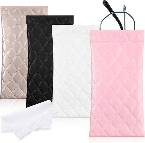 4 Pcs Squeeze Top Sunglass Pouch PU Leather Sunglass Case with 4 Pcs Cleaning Cloth Portable Sunglasses Pouch Soft Eyeglass Case for Women & Men in Saudi Arabia
