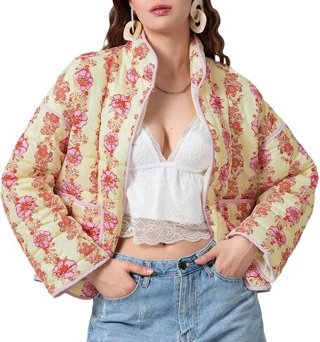 Muineobuka سترة نسائية Y2k مبطنة بأكمام طويلة مفتوحة من الأمام ومزودة بنقشة الزهور وسترة خفيفة الوزن مبطنة ومبطنة وسترات صوفية مقصوصة in Kuwait