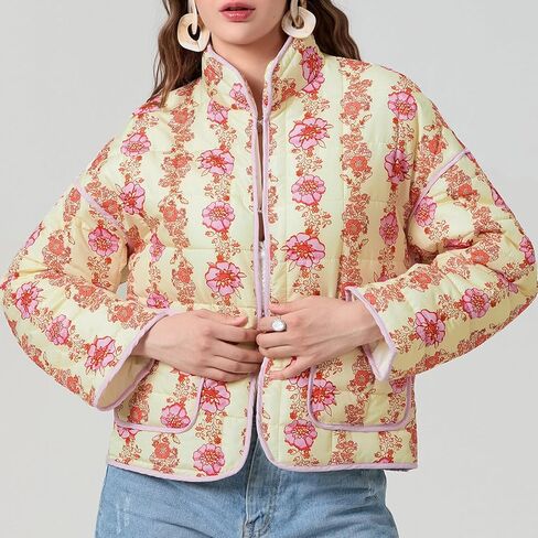 Muineobuka سترة نسائية Y2k مبطنة بأكمام طويلة مفتوحة من الأمام ومزودة بنقشة الزهور وسترة خفيفة الوزن مبطنة ومبطنة وسترات صوفية مقصوصة in Kuwait