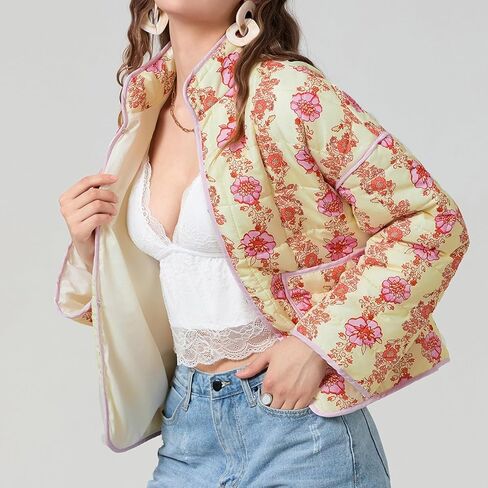 Muineobuka سترة نسائية Y2k مبطنة بأكمام طويلة مفتوحة من الأمام ومزودة بنقشة الزهور وسترة خفيفة الوزن مبطنة ومبطنة وسترات صوفية مقصوصة in Kuwait