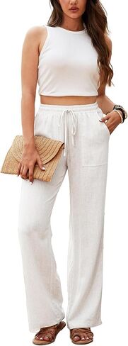 Beautiful Nomad Women's Linen High Waisted Straight Pants Casual Flowy Wide Leg Drawstring Trousers with Pockets in Kuwait