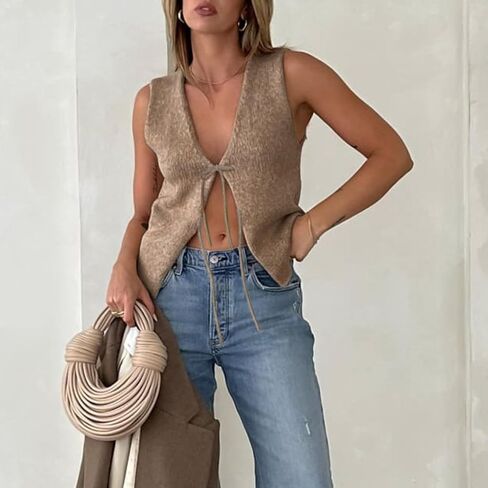 Women Tie Front Crochet Sweater Vest Top Y2k Sleeveless Knit V Neck Tops Casual Vintage Going Out Tops Streetwear in Saudi Arabia