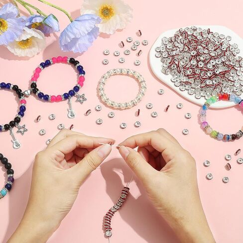 ZHIYUXI 200PCS Sliver Plated Spacer Beads for Jewelry Making 8mm Crystal Rhinestone Sliver Rondelle Spacers Beads for Bracelets Necklaces in Kuwait