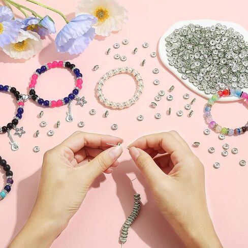 ZHIYUXI 200PCS Sliver Plated Spacer Beads for Jewelry Making 8mm Crystal Rhinestone Sliver Rondelle Spacers Beads for Bracelets Necklaces in Kuwait