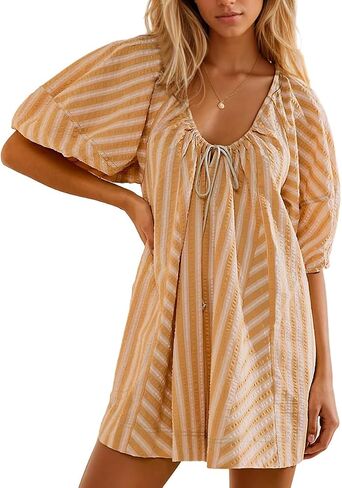 Women Y2K Puff Sleeve Striped Oversized Romper Dress Summer V Neck Overall Wide Leg Loose Jumpsuit with Pocket in Saudi Arabia