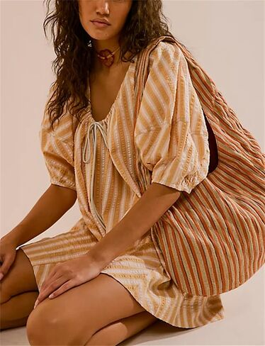 Women Y2K Puff Sleeve Striped Oversized Romper Dress Summer V Neck Overall Wide Leg Loose Jumpsuit with Pocket in Saudi Arabia