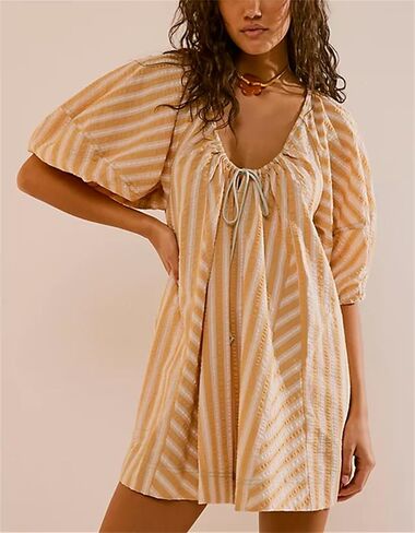 Women Y2K Puff Sleeve Striped Oversized Romper Dress Summer V Neck Overall Wide Leg Loose Jumpsuit with Pocket in Saudi Arabia