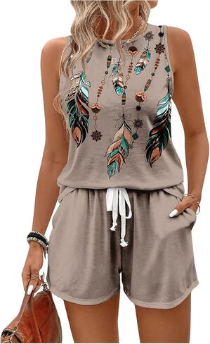 مجموعة ملابس SOLY HUX النسائية للعطلات بدون أكمام وسروال قصير بدون أكمام من Boho ملابس صيفية مكونة من قطعتين in Saudi Arabia