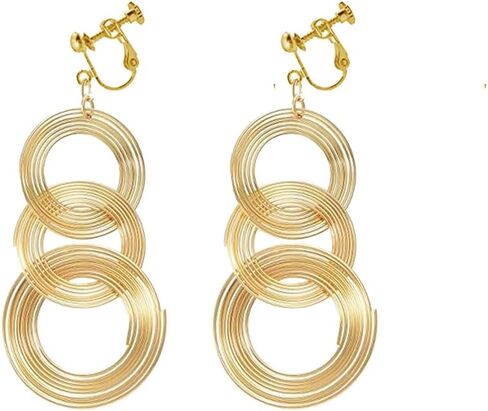 Women Gold Plated Long 70s Disco Clip on Earrings Hoop Round 3 Circles Multi-layer Tassel Drop Dangle in Saudi Arabia