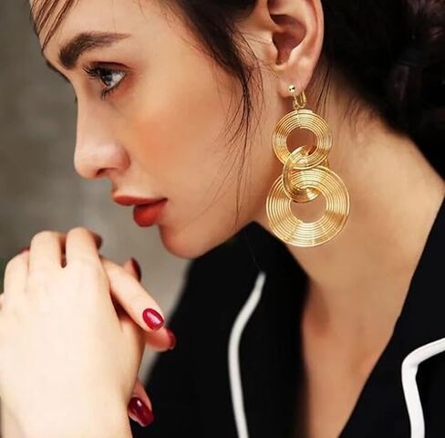 Women Gold Plated Long 70s Disco Clip on Earrings Hoop Round 3 Circles Multi-layer Tassel Drop Dangle in Saudi Arabia