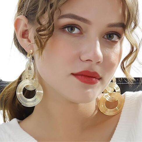 Women Gold Plated Long 70s Disco Clip on Earrings Hoop Round 3 Circles Multi-layer Tassel Drop Dangle in Saudi Arabia