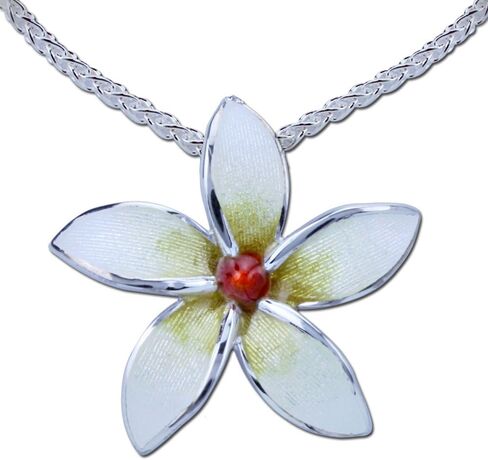 قلادة زهرة بلوميريا بيضاء - من الفضة الاسترليني والمينا الزجاجية مع سلسلة in Kuwait