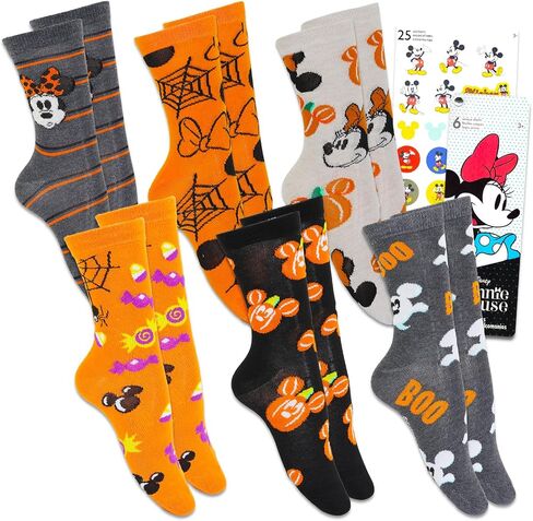 Disney 6 Pack Mickey and Minnie Halloween Socks - Bundle with 6 Pairs of Mickey Mouse and Minnie Mouse Halloween Crew Socks Size 4-10 for Women, Teens, Girls | Mickey and Minnie Apparel for Girls in Saudi Arabia