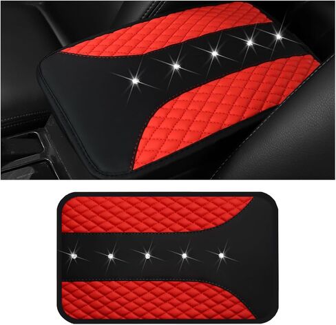Mandark Bling Leather Car Center Console Cover, Crystal Rhinestone Vehicle Armrest Seat Box Protector, Waterproof Non-Slip Auto Arm Rest Decor Cushion, Universal for SUV, Truck, RV（Red） in Saudi Arabia