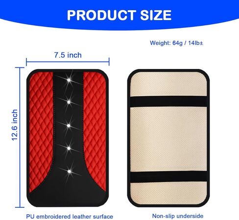 Mandark Bling Leather Car Center Console Cover, Crystal Rhinestone Vehicle Armrest Seat Box Protector, Waterproof Non-Slip Auto Arm Rest Decor Cushion, Universal for SUV, Truck, RV（Red） in Saudi Arabia
