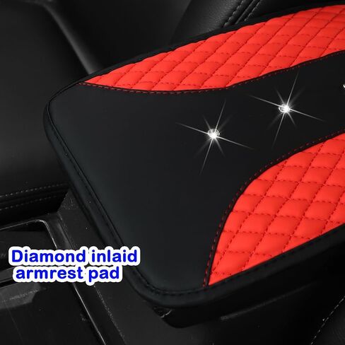 Mandark Bling Leather Car Center Console Cover, Crystal Rhinestone Vehicle Armrest Seat Box Protector, Waterproof Non-Slip Auto Arm Rest Decor Cushion, Universal for SUV, Truck, RV（Red） in Saudi Arabia