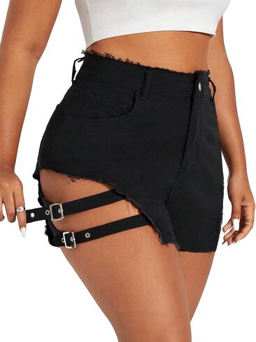 MakeMeChic Women's Plus Size Raw Hem Jean Shorts High Waisted Buckle Side Mini Denim Shorts in Saudi Arabia