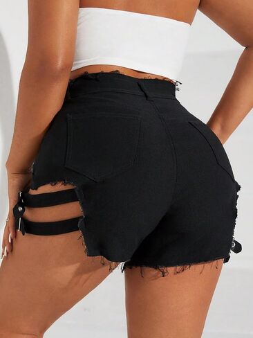 MakeMeChic Women's Plus Size Raw Hem Jean Shorts High Waisted Buckle Side Mini Denim Shorts in Saudi Arabia
