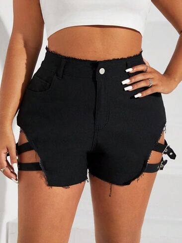 MakeMeChic Women's Plus Size Raw Hem Jean Shorts High Waisted Buckle Side Mini Denim Shorts in Saudi Arabia