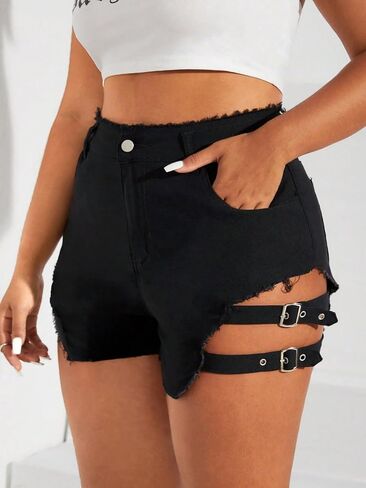 MakeMeChic Women's Plus Size Raw Hem Jean Shorts High Waisted Buckle Side Mini Denim Shorts in Saudi Arabia