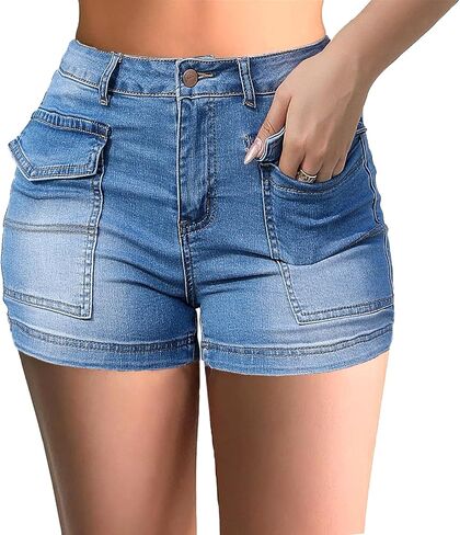 Atditama Women's Flap Pocket Denim Cargo Shorts High Waisted Skinny Slim Jean Shorts 3.5" Inseam Women Shorts in Saudi Arabia