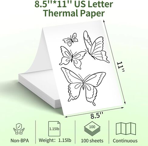 ورق حراري مقاس 8.5 بوصة × 11 بوصة - ورق حراري متعدد الأغراض 200 ورقة، ورق طابعة متوافق مع M08F-Letter، MT800، MT800Q والطابعات المحمولة الأخرى in Kuwait