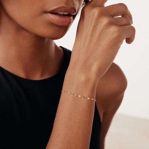 سوار سلسلة مرآة من الذهب الصلب عيار 14 قيراط للنساء | سوار سلسلة مرآة من الذهب الحقيقي عيار 14 قيراط | سوار سلسلة لذيذ | مجوهرات ذهبية عيار 14 قيراط للنساء | هدية لعيد الميلاد، قابلة للتعديل من 6 إلى 7 بوصات in Kuwait