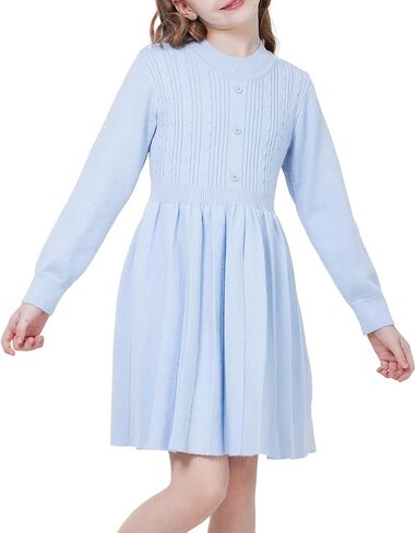 WULFUL Girl's Sweater Dress Long Sleeve Button Pleated Casual Fall Winter Knit Dresses 5-12Y in Saudi Arabia