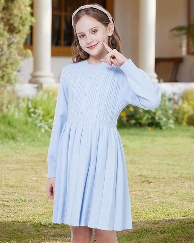 WULFUL Girl's Sweater Dress Long Sleeve Button Pleated Casual Fall Winter Knit Dresses 5-12Y in Saudi Arabia