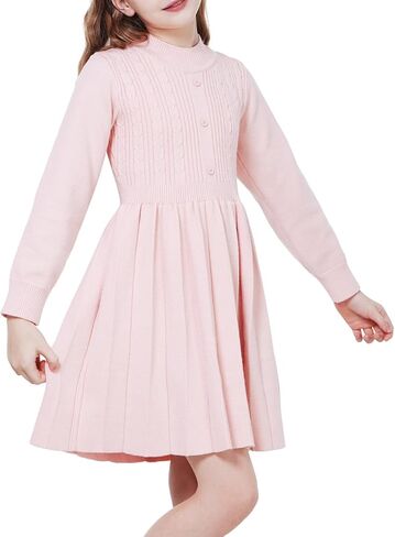 WULFUL Girl's Sweater Dress Long Sleeve Button Pleated Casual Fall Winter Knit Dresses 5-12Y in Kuwait