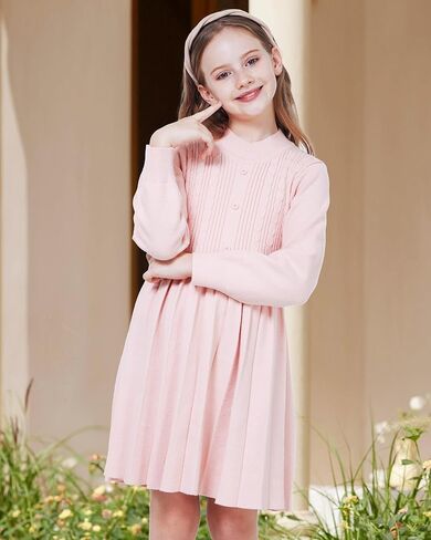 WULFUL Girl's Sweater Dress Long Sleeve Button Pleated Casual Fall Winter Knit Dresses 5-12Y in Kuwait