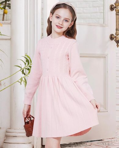 WULFUL Girl's Sweater Dress Long Sleeve Button Pleated Casual Fall Winter Knit Dresses 5-12Y in Kuwait