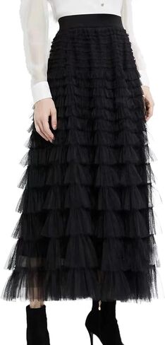 Mliyasan Women’s Multilayer Ruffles Tulle Skirt Pleated High Waist Fluffy Maxi Skirt Fairy Cake Dress Long Tutu Party Skirt in Kuwait
