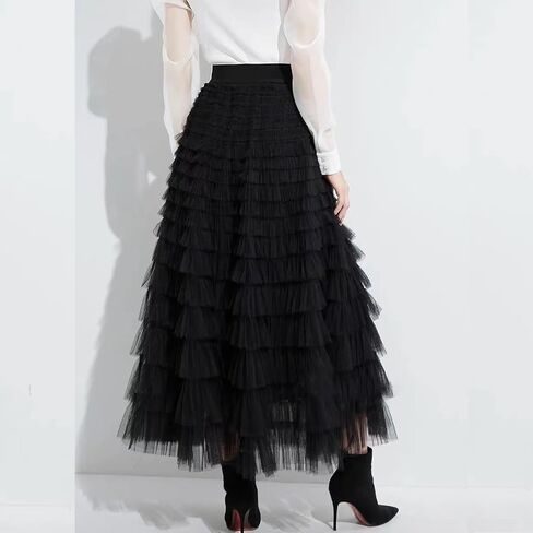 Mliyasan Women’s Multilayer Ruffles Tulle Skirt Pleated High Waist Fluffy Maxi Skirt Fairy Cake Dress Long Tutu Party Skirt in Kuwait