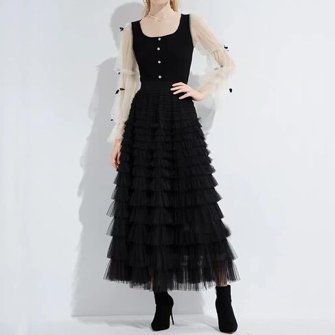 Mliyasan Women’s Multilayer Ruffles Tulle Skirt Pleated High Waist Fluffy Maxi Skirt Fairy Cake Dress Long Tutu Party Skirt in Kuwait