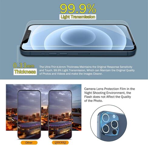QHOHQ 3 Pack Screen Protector for iPhone 12 Pro 6.1 Inch with 2 Pack Tempered Glass Camera Lens Protector, Ultra HD, 9H Hardness, Scratch Resistant, Easy Install - case Friendly in Saudi Arabia