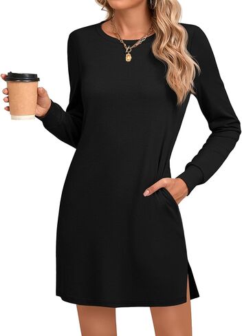 Ficerd Women's Long Sleeve Dresses, Fall Casual Crew Neck Mini Dress Knit Loose Cozy Dress Above Knee Dress with Pockets in Saudi Arabia